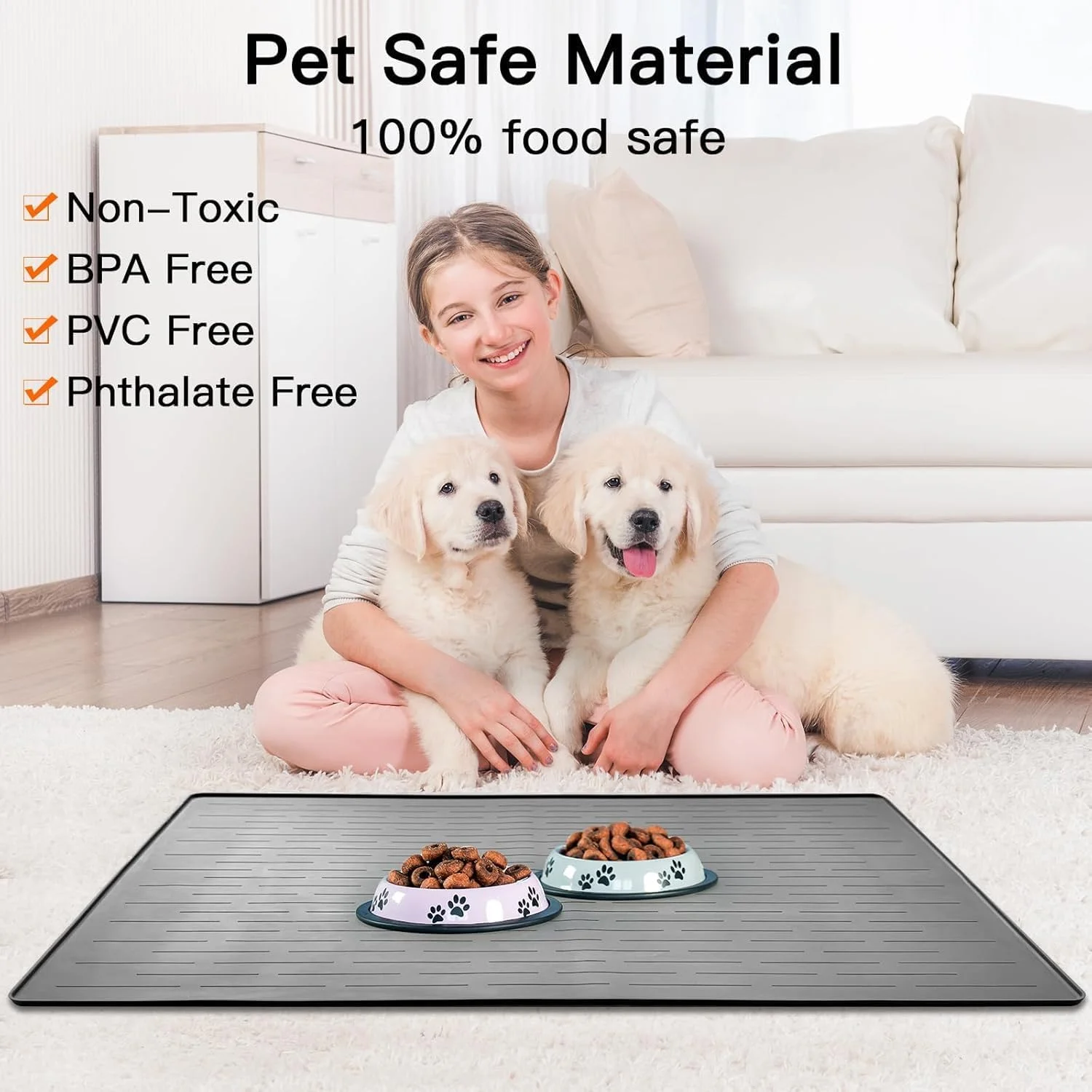 Silicone Pet Feeding Mats - Largest Dog Feeding Tray, Waterproof, 48" x 32", Gray Green