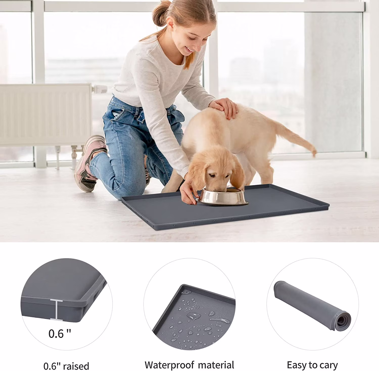 Waterproof Pet Feeding Mat with Raised Edge, Non-Slip Silicone Bowl Mat for Small & Medium Pets