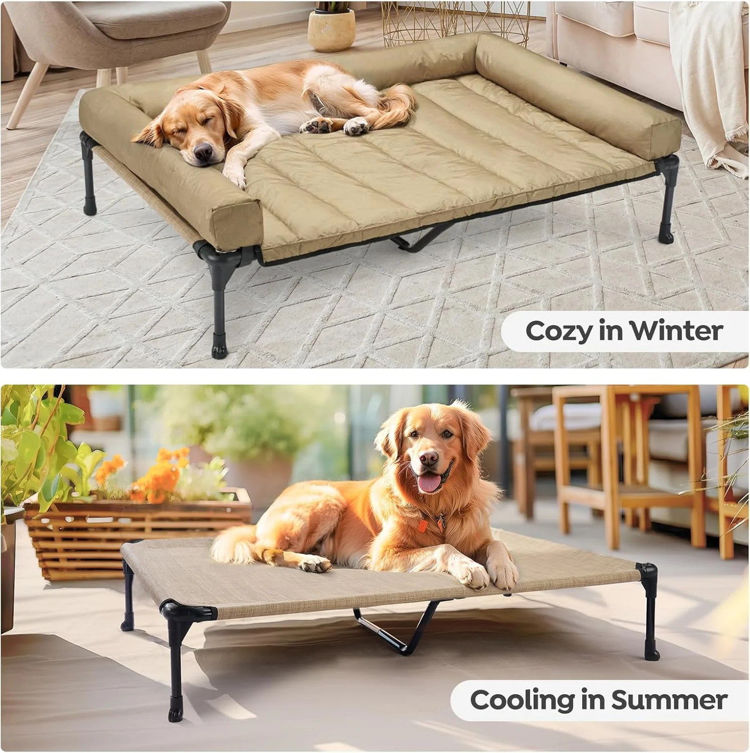 Cooling Elevated Dog Bed Add Removable Waterproof Bolster Cushion Mat, Raised Pet Cot with Breathable Teslin Mesh, No-Slip Feet, Dog Couch Bed for Indoor Outdoor, 59x37.5inches, Beige,