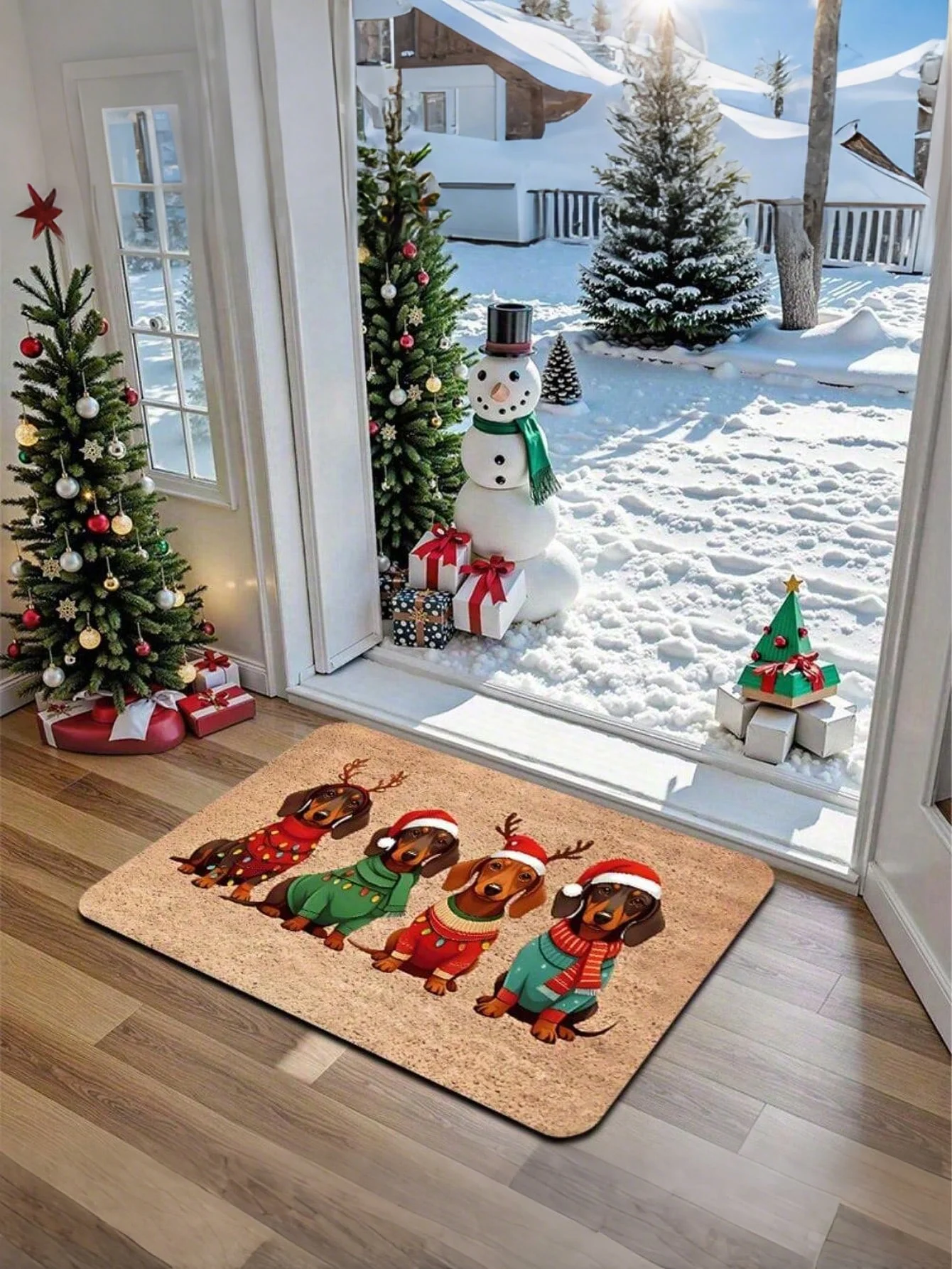 1 Dachshund Christmas Doormat With Santa Hat And Sweater Pattern - Soft Polyester Indoor And Outdoor Rug, 0.4 Inch Non-Slip Bottom, Machine Washable Pet Mat For Entryway, Kitchen, Bathroom