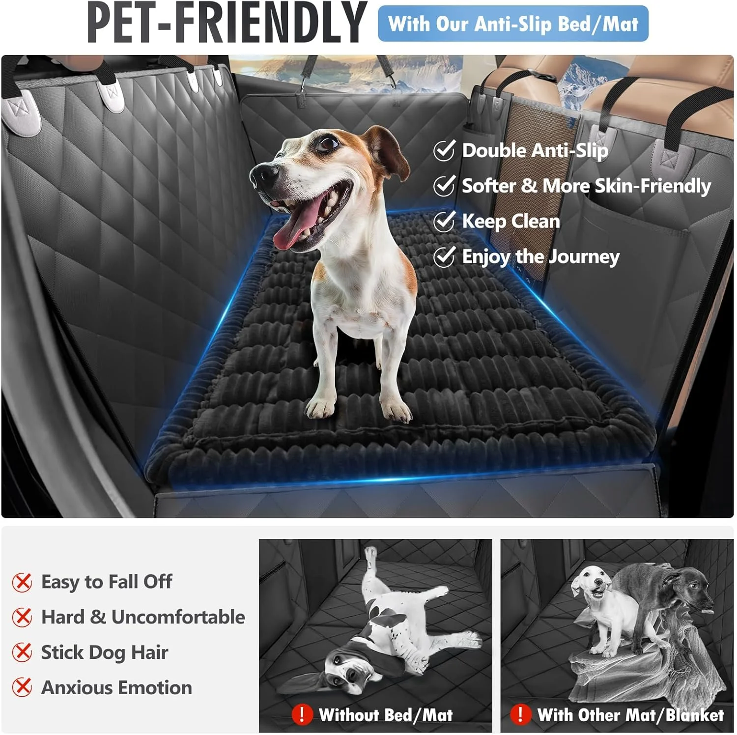 Backseat Dog Bed Non-Slip, Dog Bed for Car Back Seat Soft and Comfortable, Back Seat Pet Bed Mat for Travel, Pet Car Blanket for Backseat Extender and Seat Covers Black (51”X 23.5”)