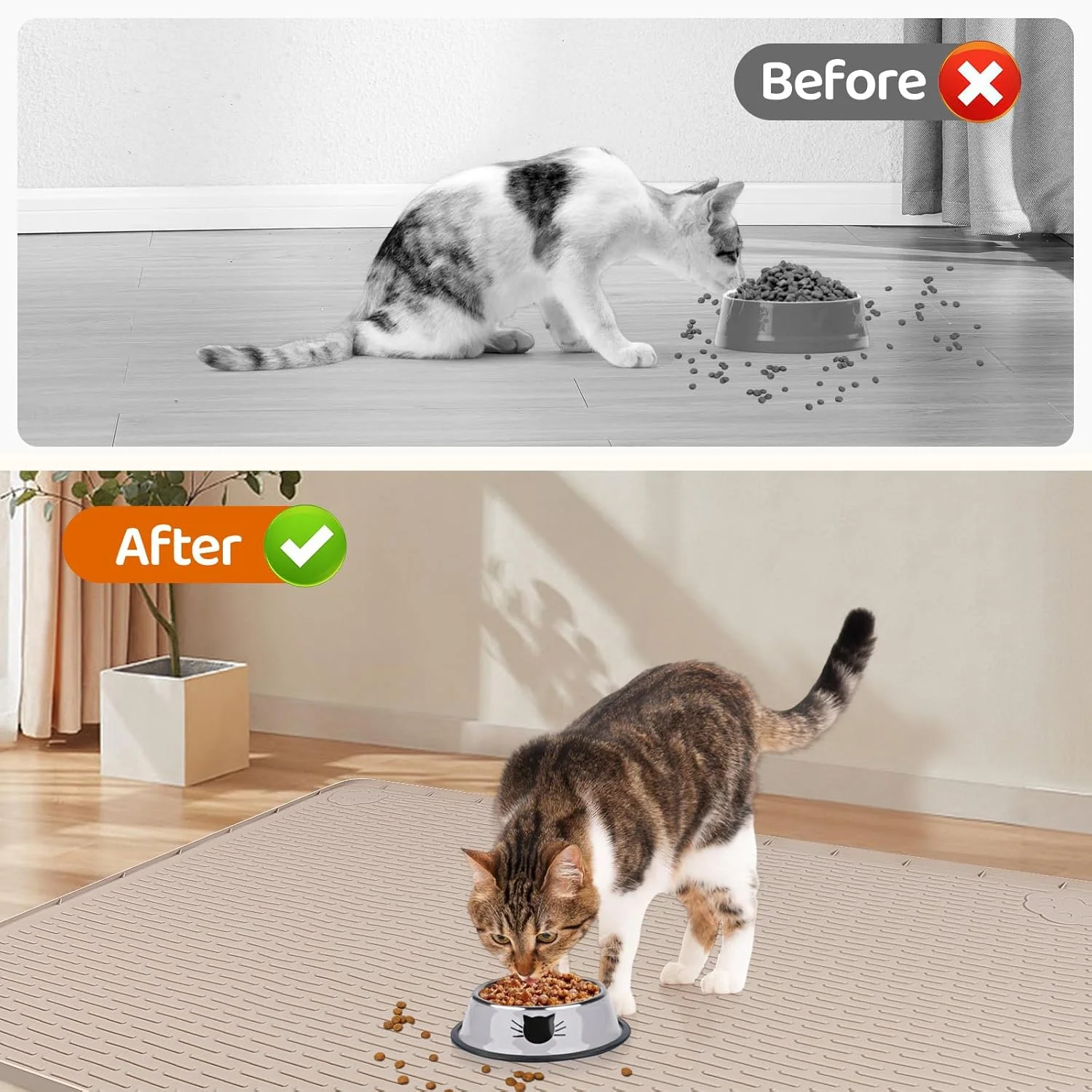 Extra Large Silicone Pet Feeding Mat with Raised Edge, Non-Slip, Easy to Clean, Floor Protection (Khaki)