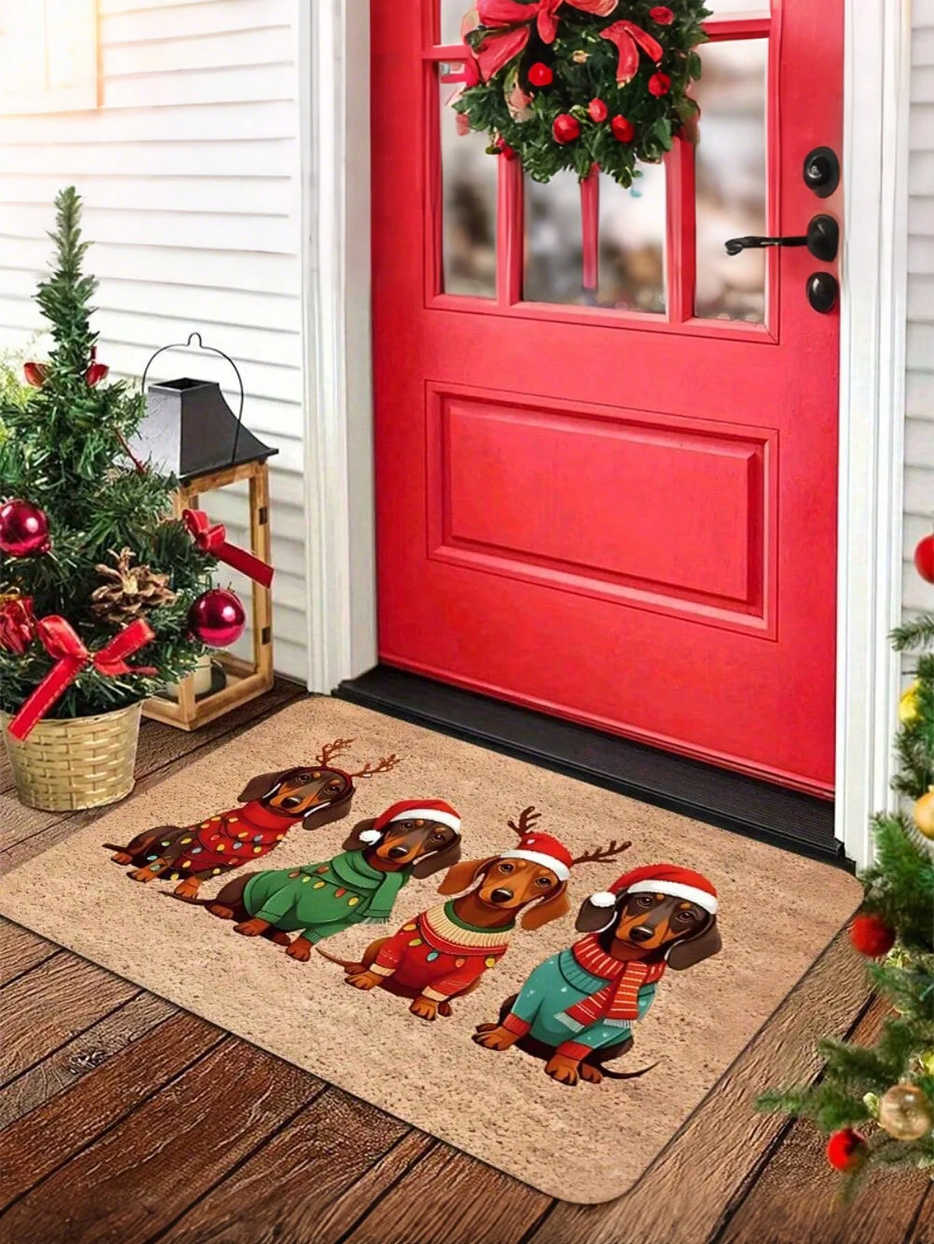 1 Dachshund Christmas Doormat With Santa Hat And Sweater Pattern - Soft Polyester Indoor And Outdoor Rug, 0.4 Inch Non-Slip Bottom, Machine Washable Pet Mat For Entryway, Kitchen, Bathroom