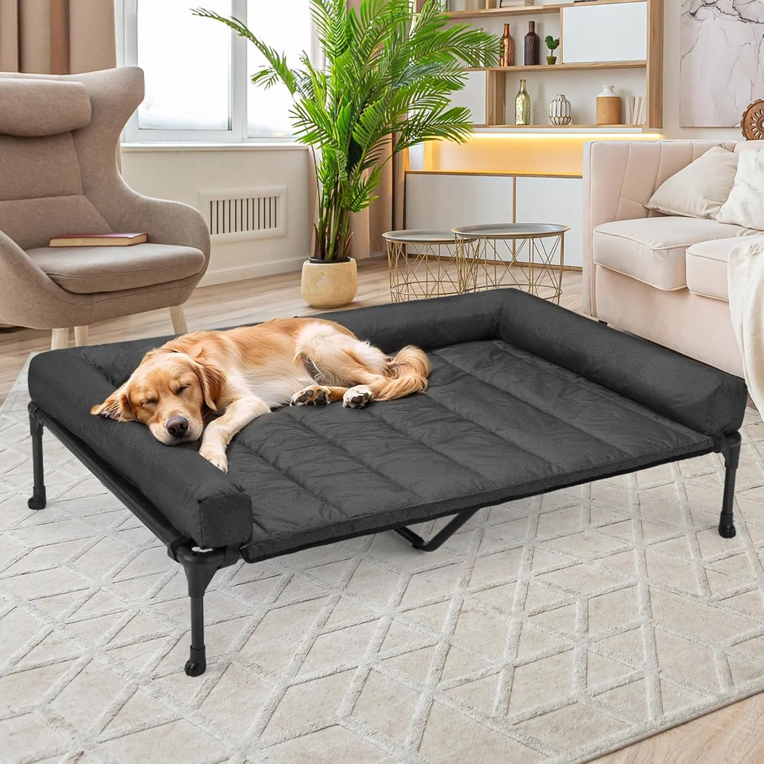 Cooling Elevated Dog Bed + Waterproof Removable Pillow-Top Mat, Bolster Dog Cot Bed, Raised Pet Cot with Breathable Mesh, No-Slip Feet, Dog Sofa Bed for Indoor& Outdoor, XXLarge, Black