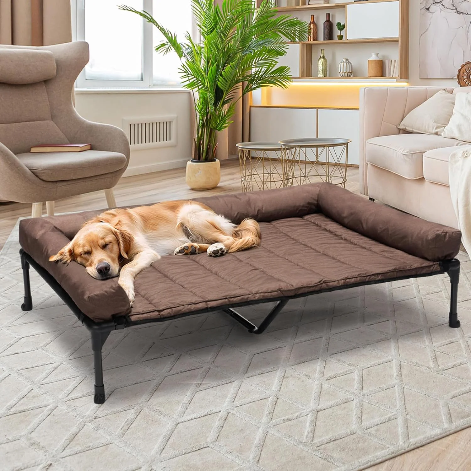 Cooling Elevated Dog Bed + Waterproof Removable Pillow-Top Mat, Bolster Dog Cot Bed, Raised Pet Cot with Breathable Mesh, No-Slip Feet, Dog Sofa Bed for Indoor& Outdoor, XXLarge, Brown