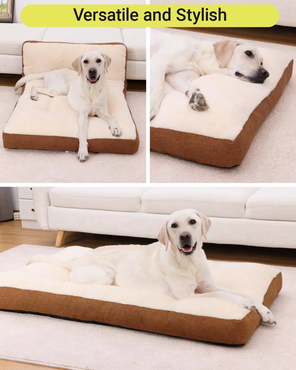 Washable Dog Bed for Large Sized Dog, Crate Bed Plush Pet Kennel Pad with Non-Slip Bottom, Pet Sleeping Mat, 35x23 Inch, Khaki