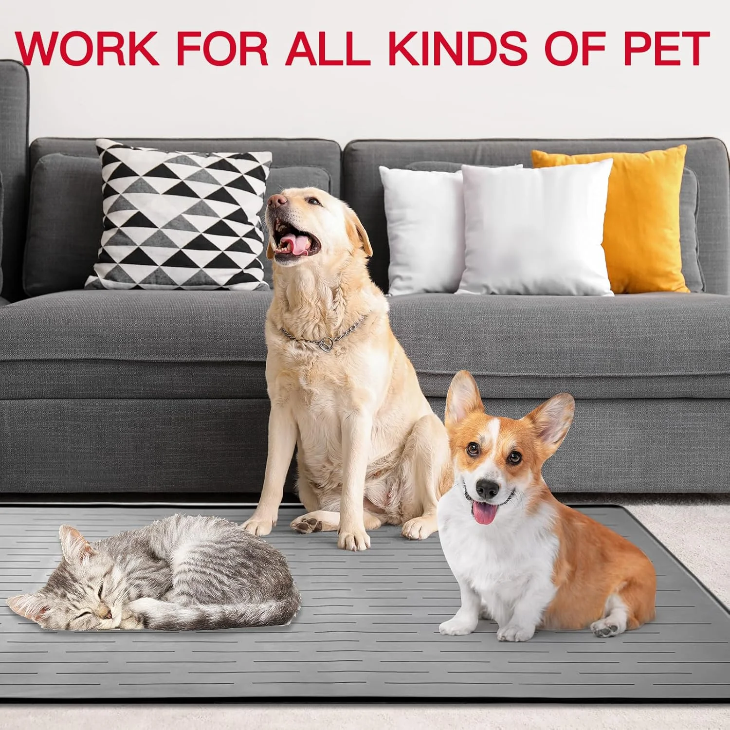 Large Pet Feeding Mat, Nonslip Silicone Dog Mat with Raised Edges, Dark Gray