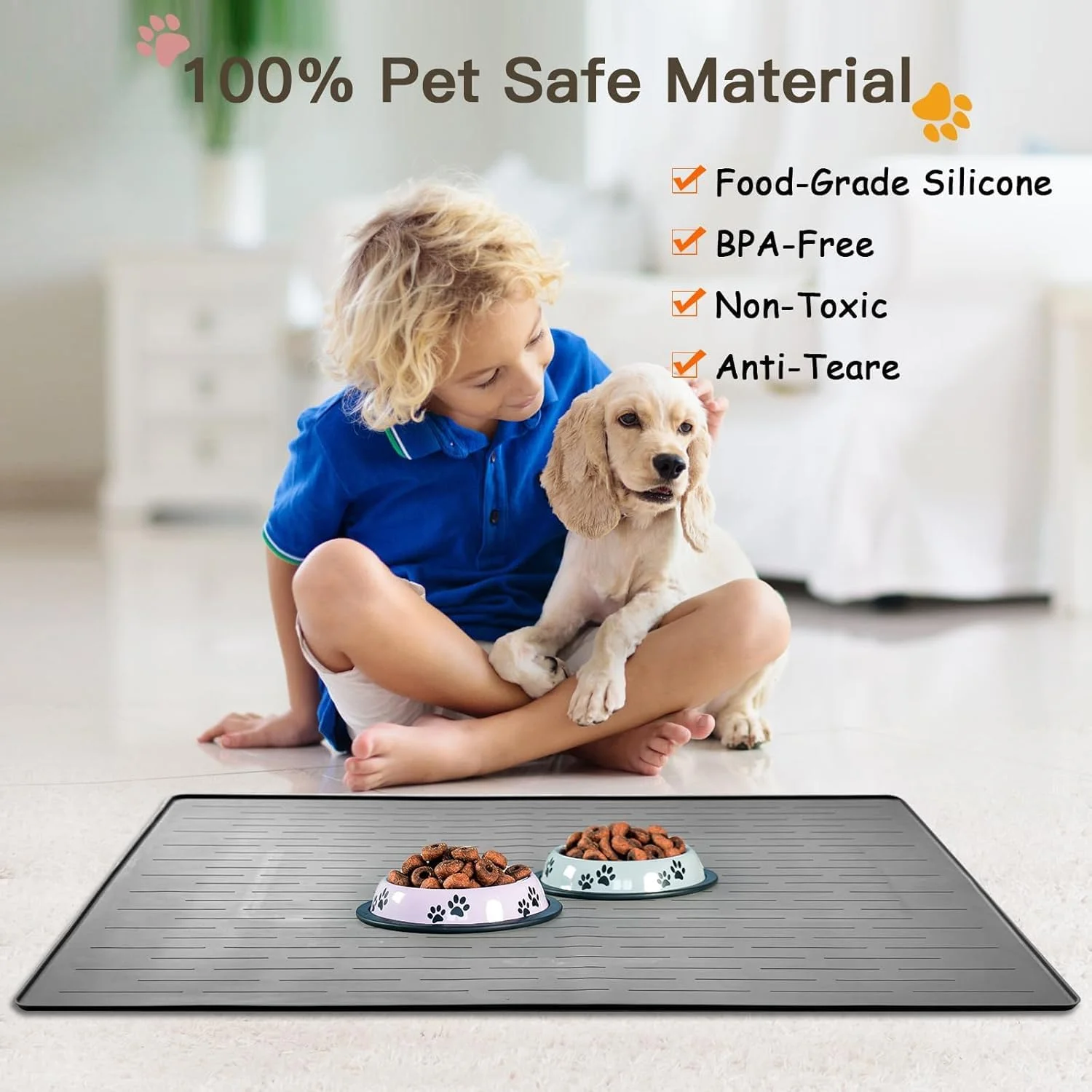 Largest Dog Feeding Mat, 48"x32" Silicone Dog and Cat Mat for Food and Water Bowls, Thinken Waterproof Non-Slip  Pet Feeding Mat for Floors (Brown)
