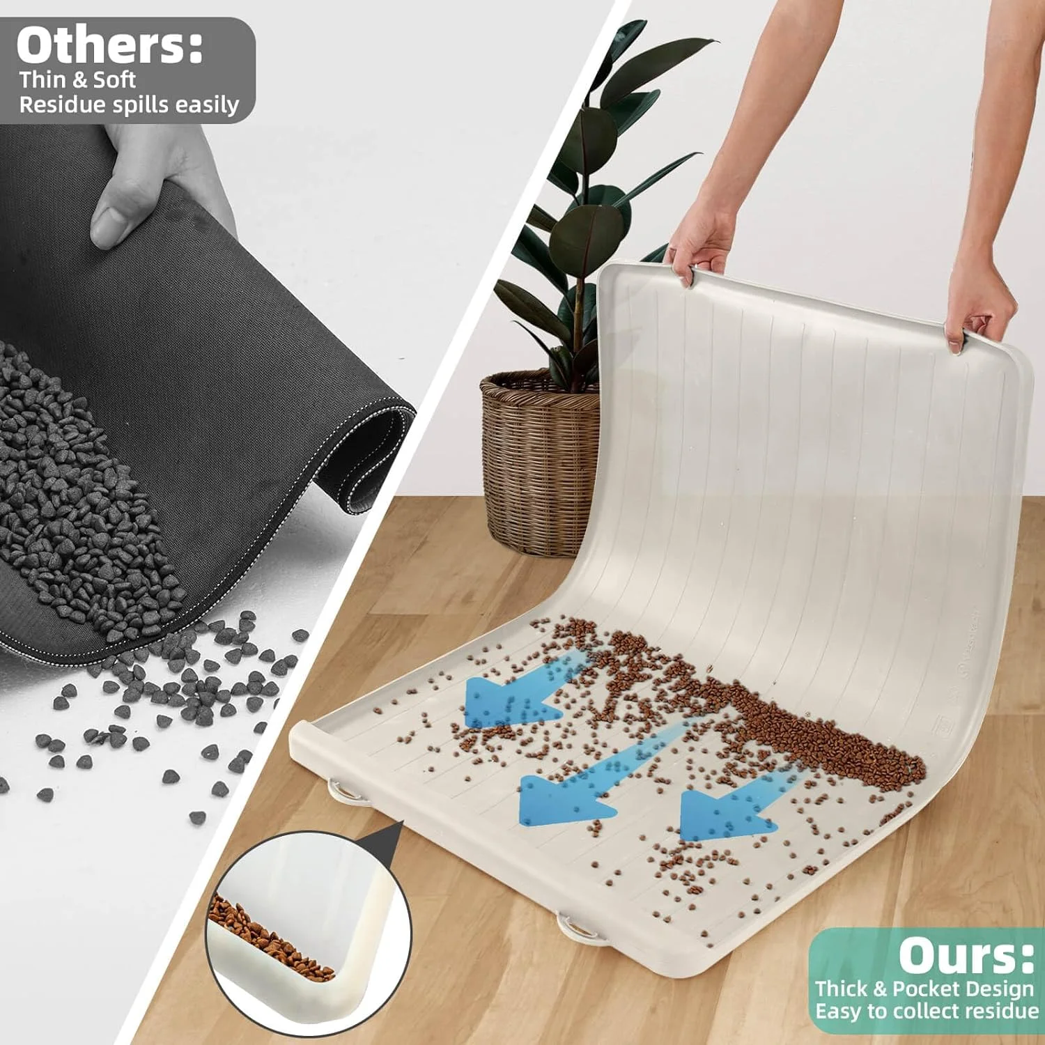 Dog Mat for Food and Water - 39.4" x 27" Large Pet Feeding Mats with Residue Collection Pocket - Waterproof Dog  Bowl Mat with High Edges to Prevent Water and Food Spills (Cream)