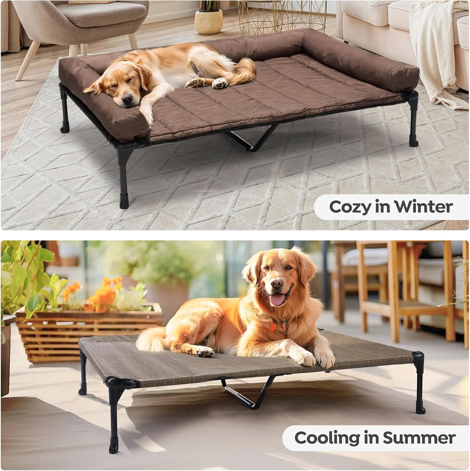 Cooling Elevated Dog Bed + Waterproof Removable Pillow-Top Mat, Bolster Dog Cot Bed, Raised Pet Cot with Breathable Mesh, No-Slip Feet, Dog Sofa Bed for Indoor& Outdoor, XXLarge, Brown