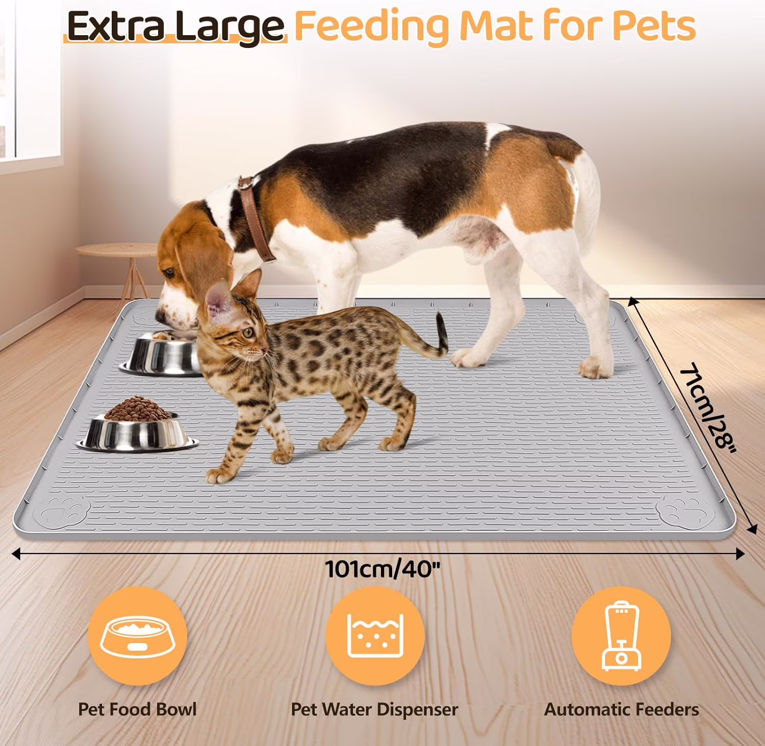 Extra Large 40" x 28" Silicone Pet Feeding Mat for Dogs and Cats - Non-Slip, Easy to Clean, Gray