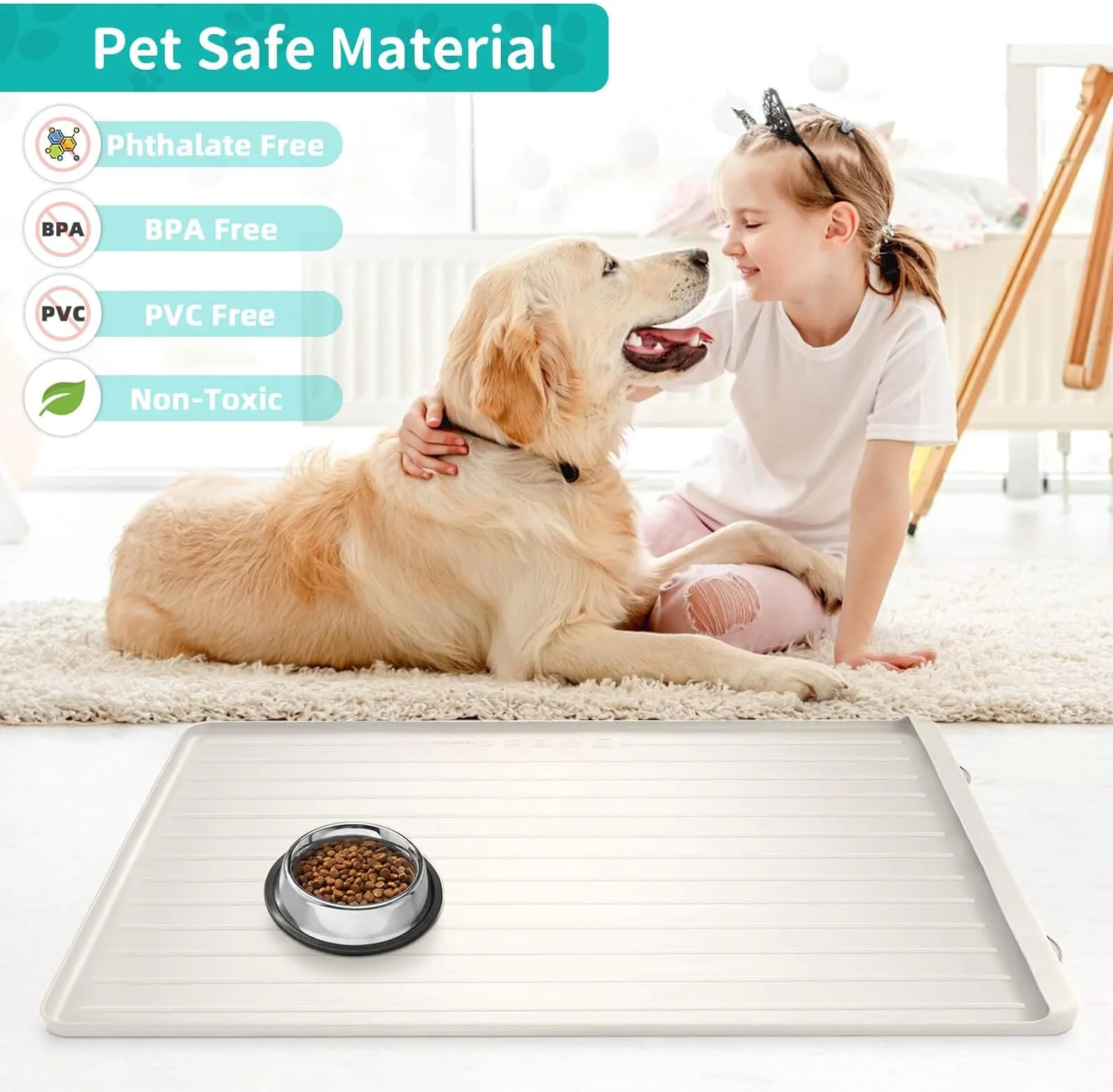 Dog Mat for Food and Water - 39.4" x 27" Large Pet Feeding Mats with Residue Collection Pocket - Waterproof Dog  Bowl Mat with High Edges to Prevent Water and Food Spills (Cream)