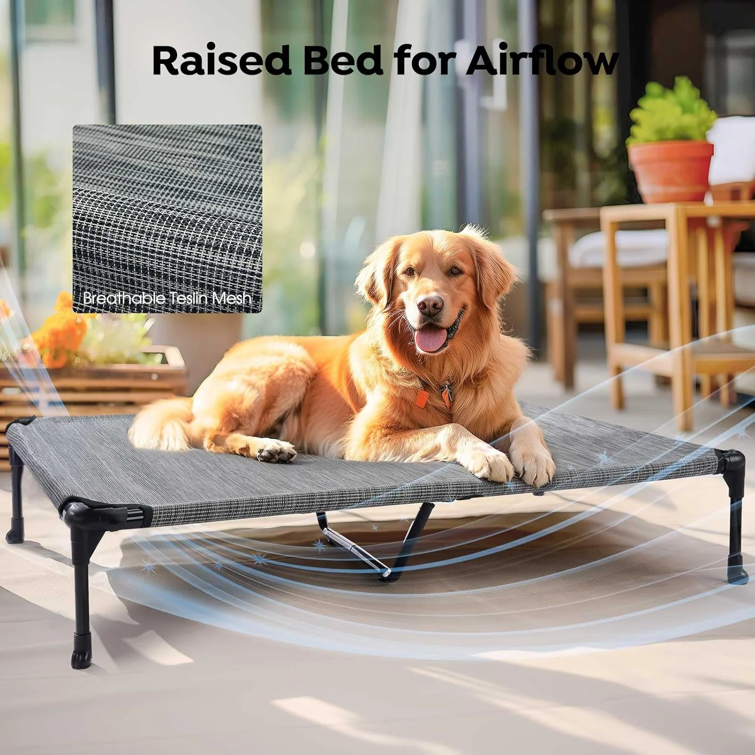 Cooling Elevated Dog Bed Add Removable Waterproof Bolster Cushion Mat, Raised Pet Cot with Breathable Teslin Mesh, No-Slip Feet, Dog Couch Bed for Indoor Outdoor, 59x37.5inches, Beige,