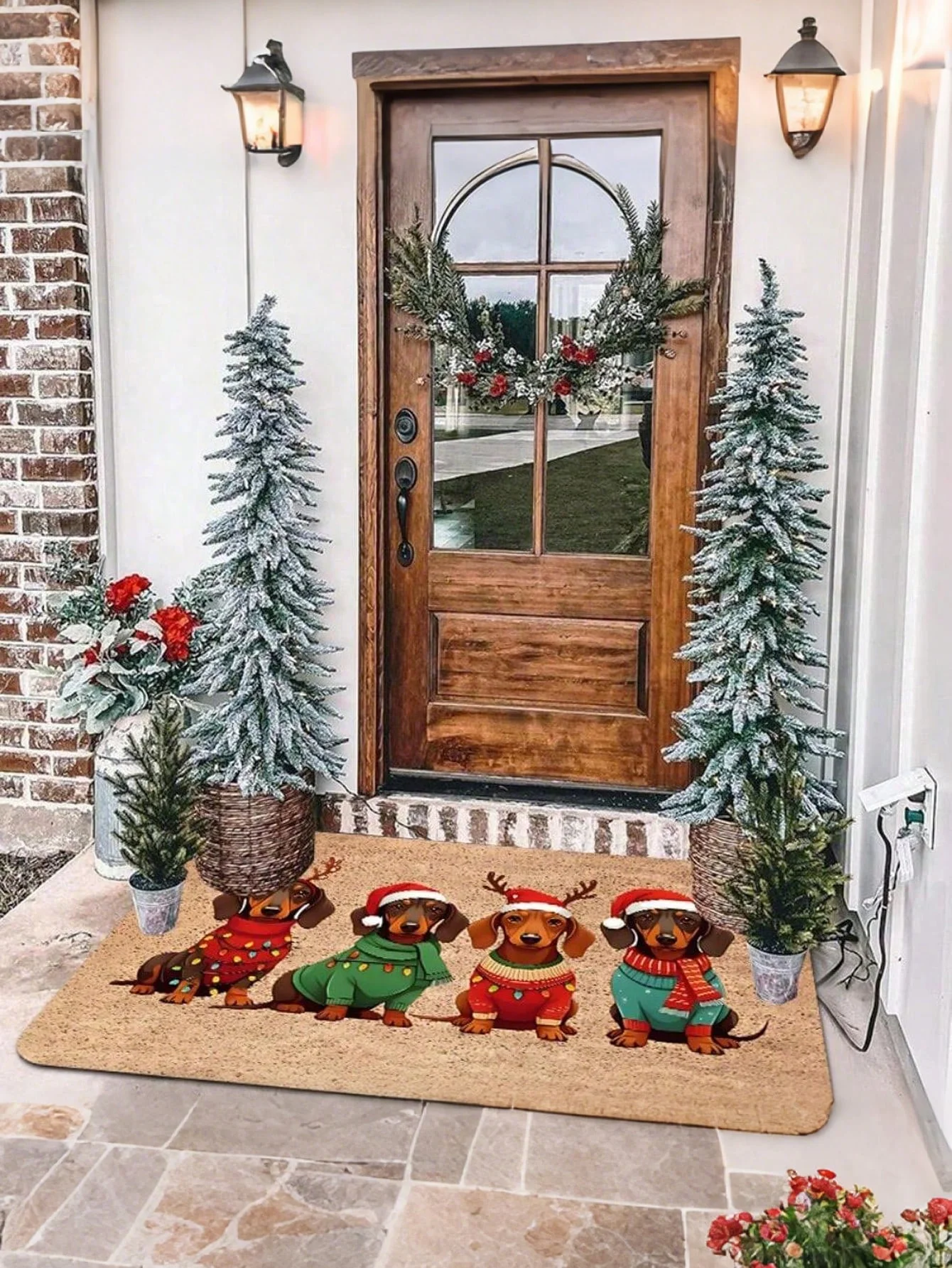 1 Dachshund Christmas Doormat With Santa Hat And Sweater Pattern - Soft Polyester Indoor And Outdoor Rug, 0.4 Inch Non-Slip Bottom, Machine Washable Pet Mat For Entryway, Kitchen, Bathroom