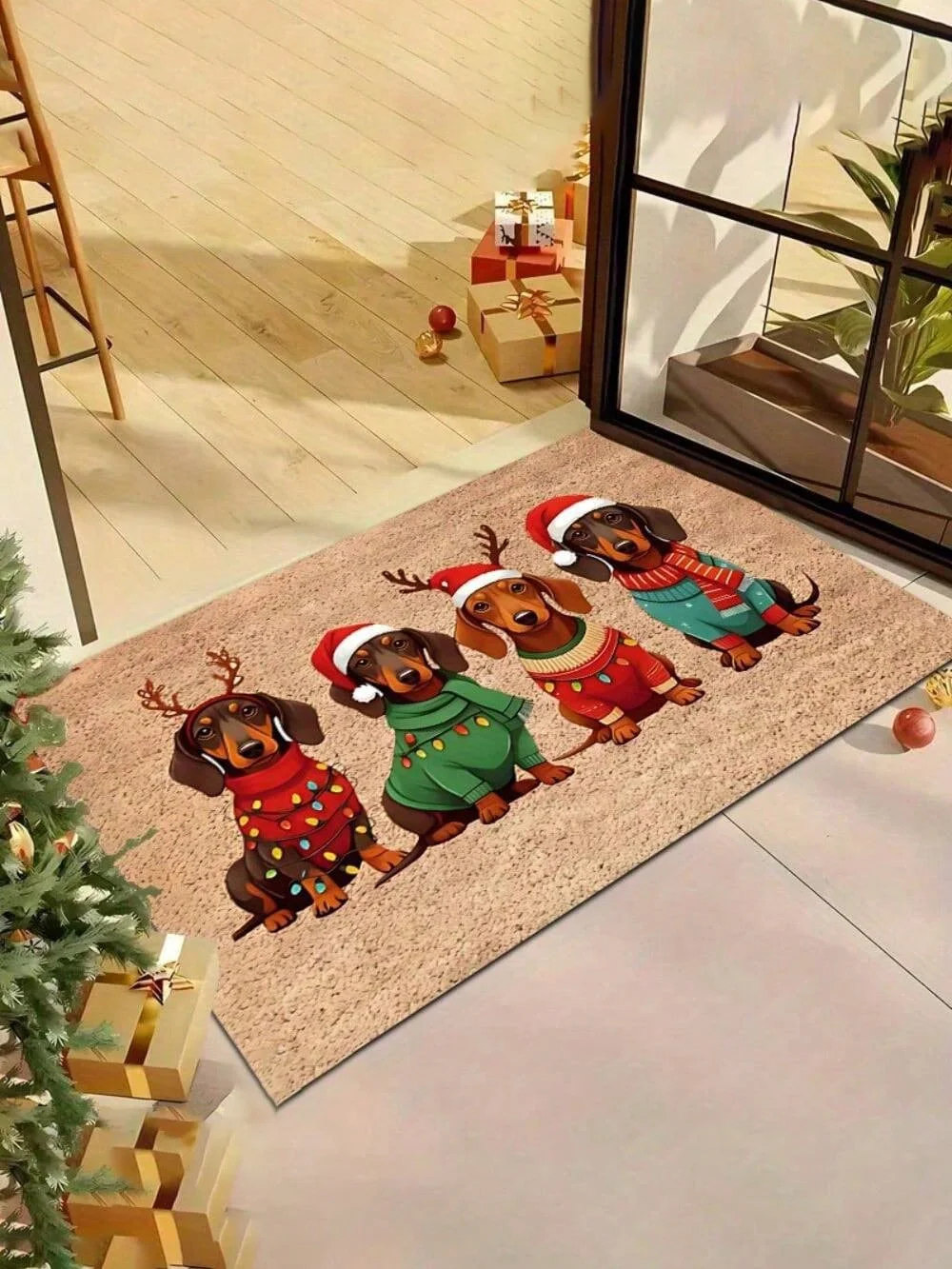 1 Dachshund Christmas Doormat With Santa Hat And Sweater Pattern - Soft Polyester Indoor And Outdoor Rug, 0.4 Inch Non-Slip Bottom, Machine Washable Pet Mat For Entryway, Kitchen, Bathroom
