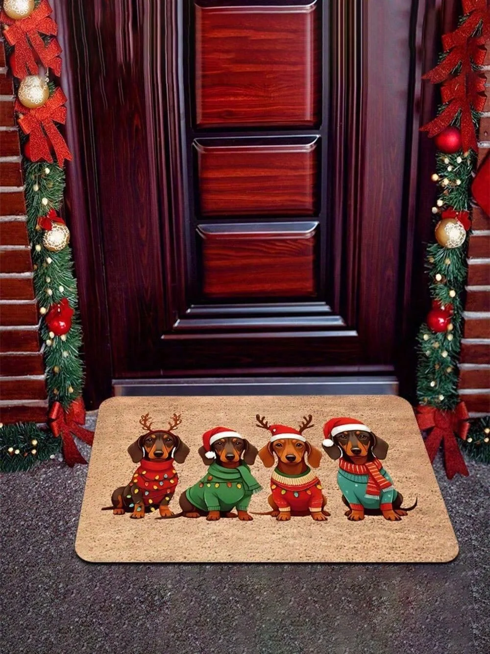 1 Dachshund Christmas Doormat With Santa Hat And Sweater Pattern - Soft Polyester Indoor And Outdoor Rug, 0.4 Inch Non-Slip Bottom, Machine Washable Pet Mat For Entryway, Kitchen, Bathroom
