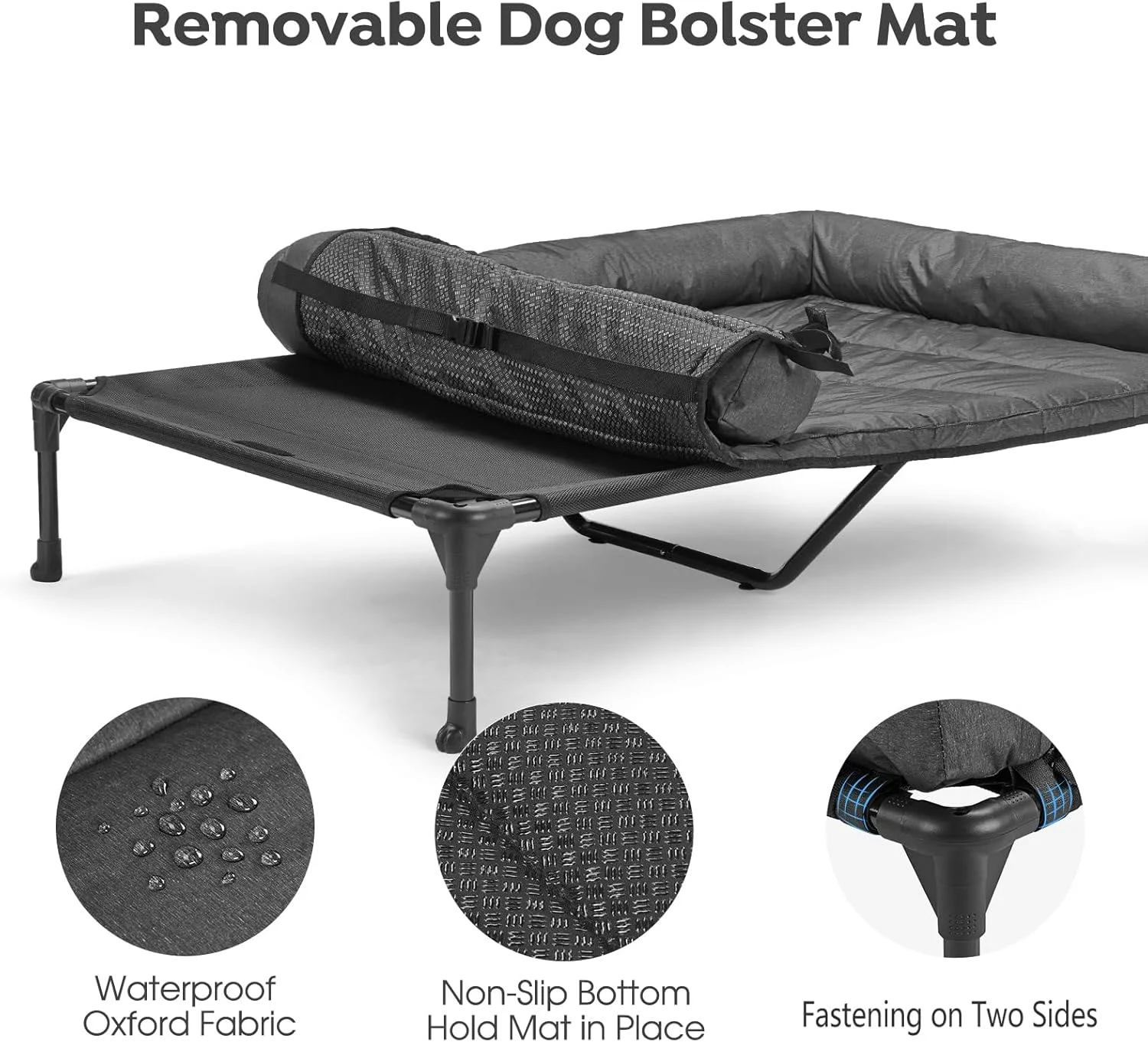 Cooling Elevated Dog Bed + Waterproof Removable Pillow-Top Mat, Bolster Dog Cot Bed, Raised Pet Cot with Breathable Mesh, No-Slip Feet, Dog Sofa Bed for Indoor& Outdoor, XXLarge, Black