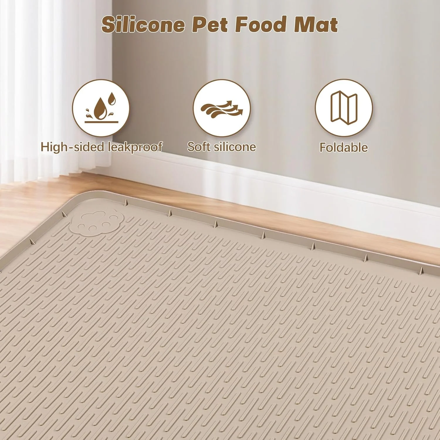 Extra Large Silicone Pet Feeding Mat with Raised Edge, Non-Slip, Easy to Clean, Floor Protection (Khaki)