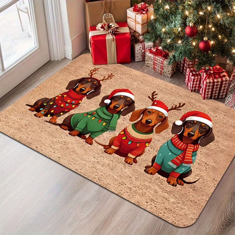 1 Dachshund Christmas Doormat With Santa Hat And Sweater Pattern - Soft Polyester Indoor And Outdoor Rug, 0.4 Inch Non-Slip Bottom, Machine Washable Pet Mat For Entryway, Kitchen, Bathroom