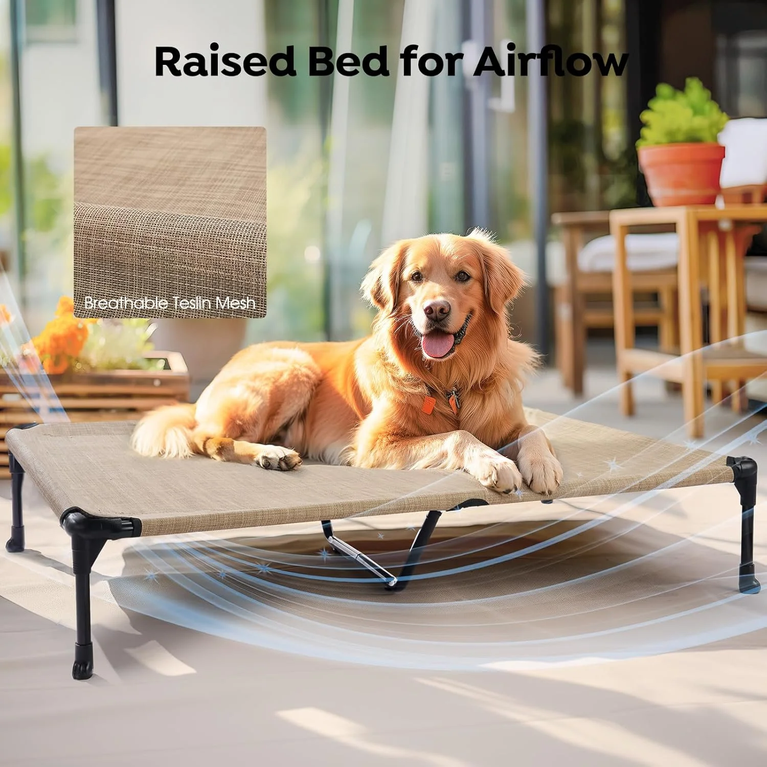 Cooling Elevated Dog Bed Add Removable Waterproof Bolster Cushion Mat, Raised Pet Cot with Breathable Teslin Mesh, No-Slip Feet, Dog Couch Bed for Indoor Outdoor, 59x37.5inches, Beige,