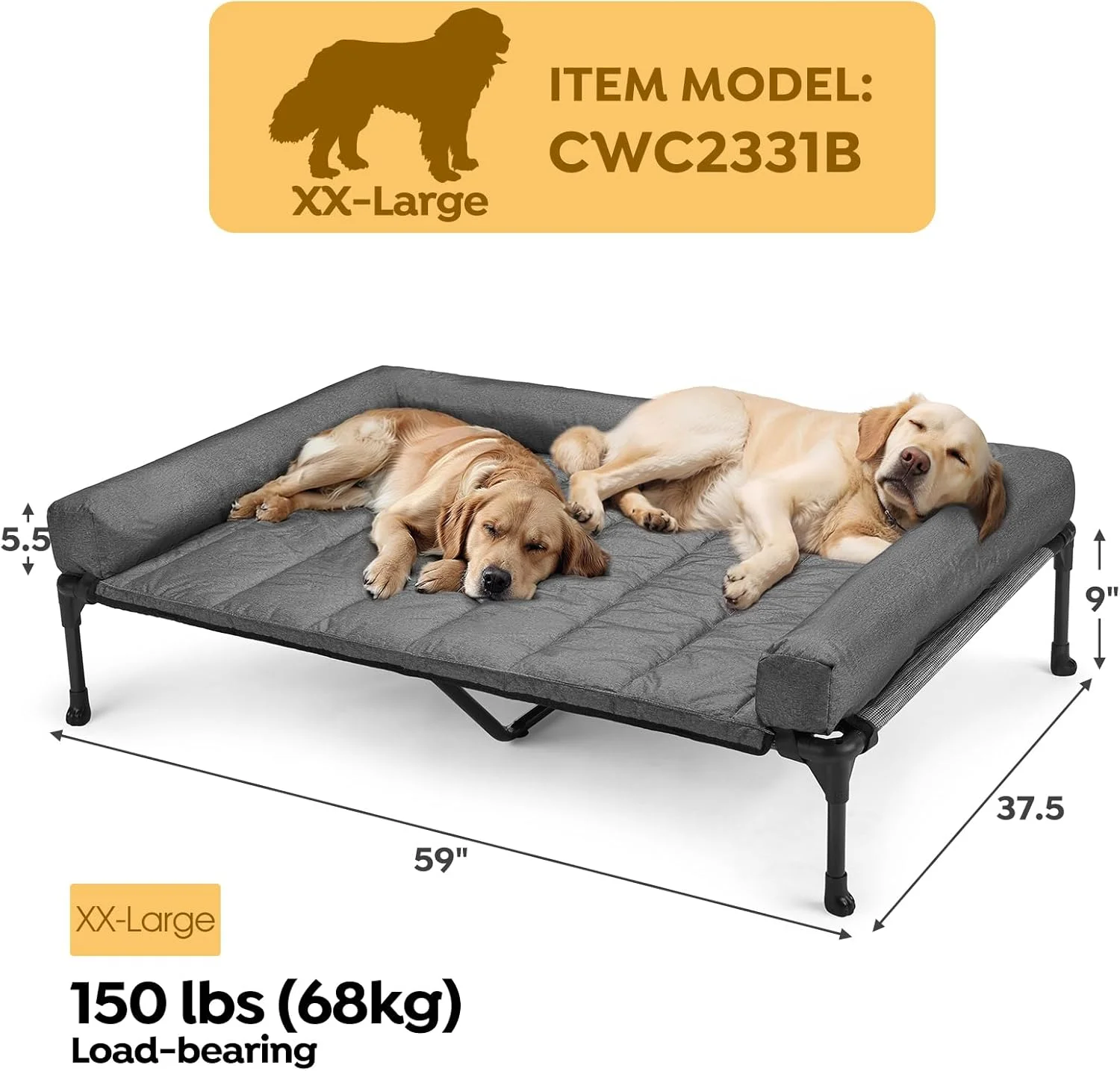 Cooling Elevated Dog Bed + Waterproof Removable Pillow-Top Mat, Bolster Dog Cot Bed, Raised Pet Cot with Breathable Mesh, No-Slip Feet, Dog Sofa Bed for Indoor& Outdoor, XXLarge, Black Silver