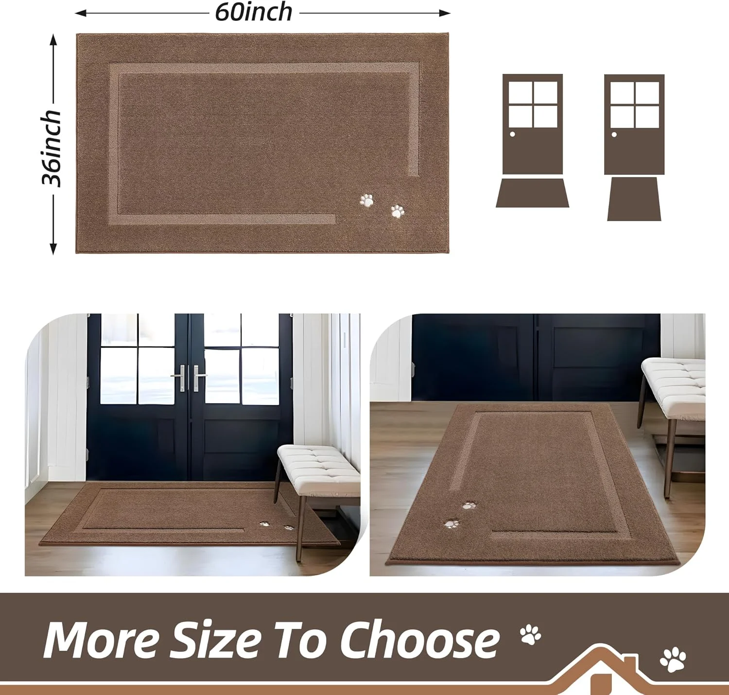 Dog Door Mat for Muddy Paws 36"x60" Dirt Trapper Absorbent Doormat Non Slip Entryway Rugs Washable Stain Resistant Welcome Floor Mat Soft Low-Profile for Front Back Door, Brown