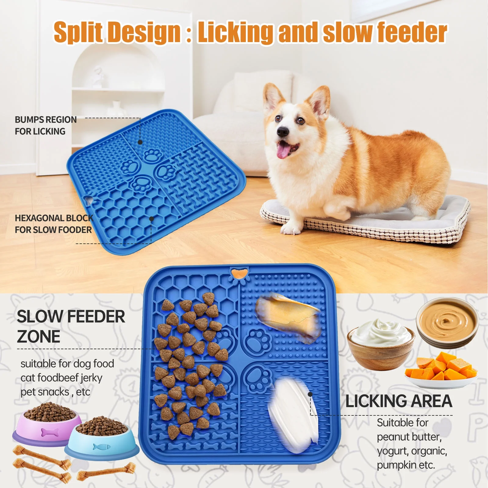 Dog Lick Mat with Suction Cups, Slow Feeder for Anxiety Relief & Puppy Enrichment Toys for Cats Blue