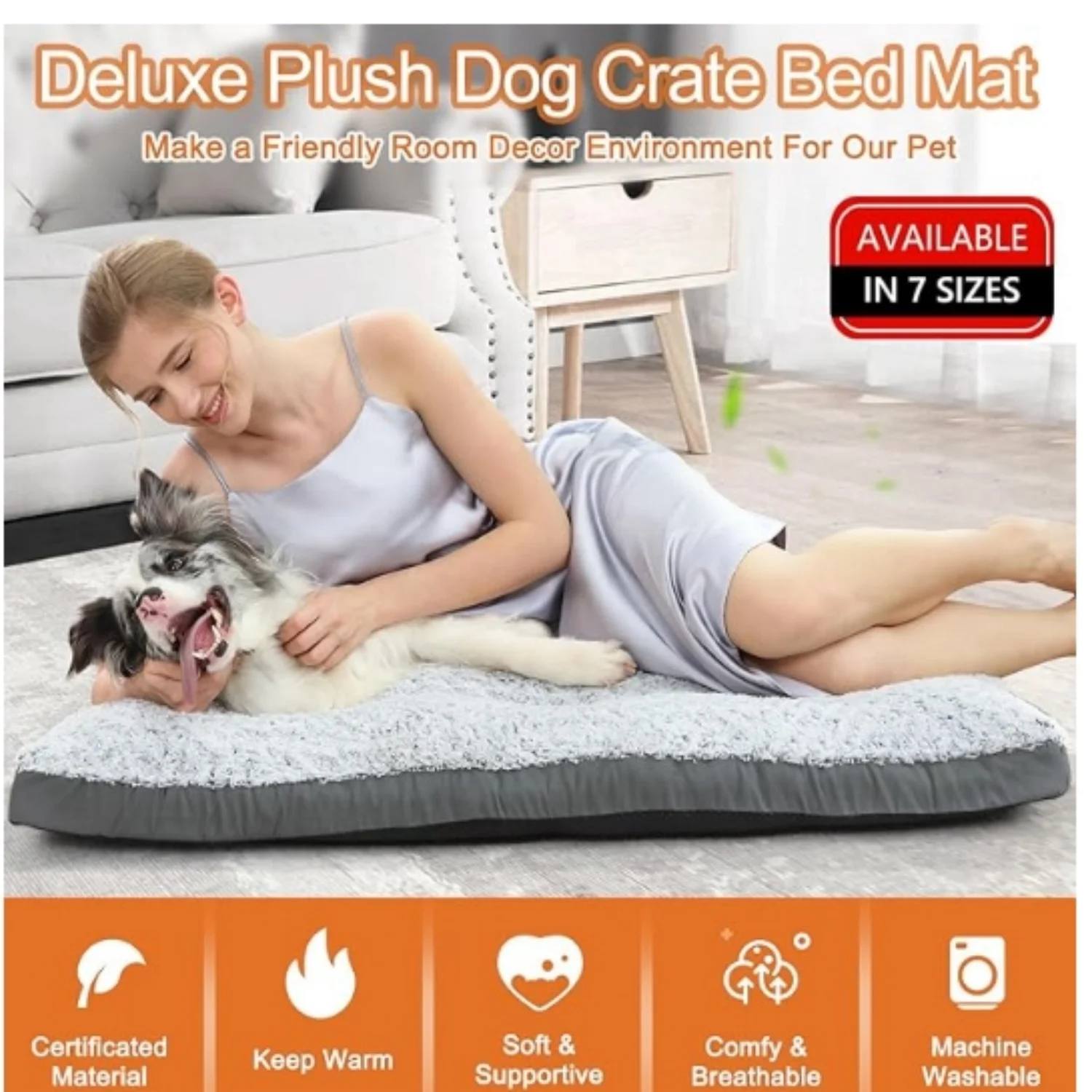 Deluxe Washable XL Dog Bed Dog Crate Mat 42 inch Comfy Fluffy Kennel Pad Anti-Slip for Dogs Up to 90 lbs, 42" x 28", Grey