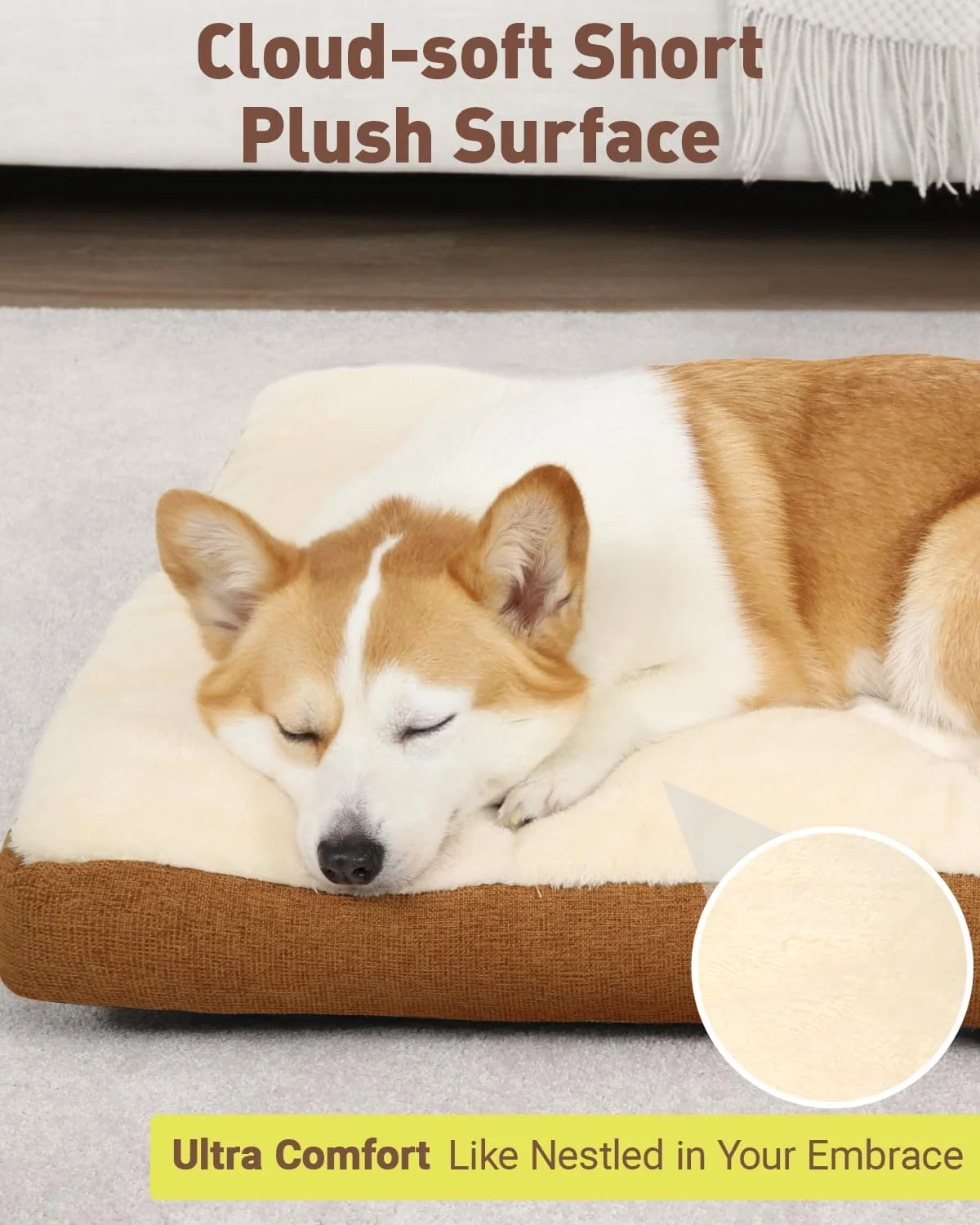 Washable Dog Bed for Large Sized Dog, Crate Bed Plush Pet Kennel Pad with Non-Slip Bottom, Pet Sleeping Mat, 35x23 Inch, Khaki