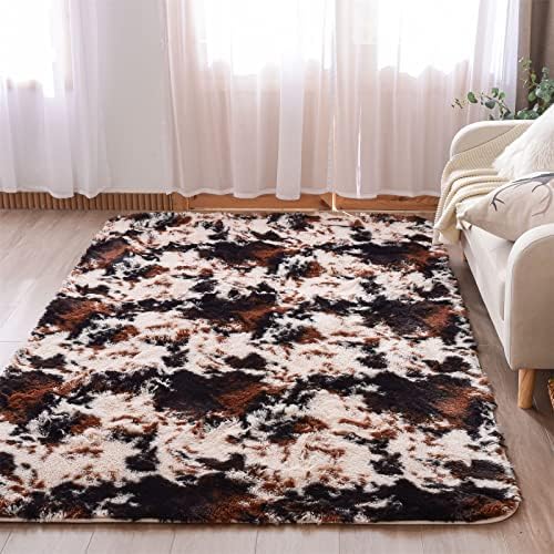 Meeting Story Cow Print Rug Faux Cowhide Rugs Cute Animal Print Carpet Fluffy Shaggy Tie Dye Fuzzy Area Rugs for Living Room Nursery Kids Floor Mat Thick Plush Non-Skid (White-Black, 5'x7')