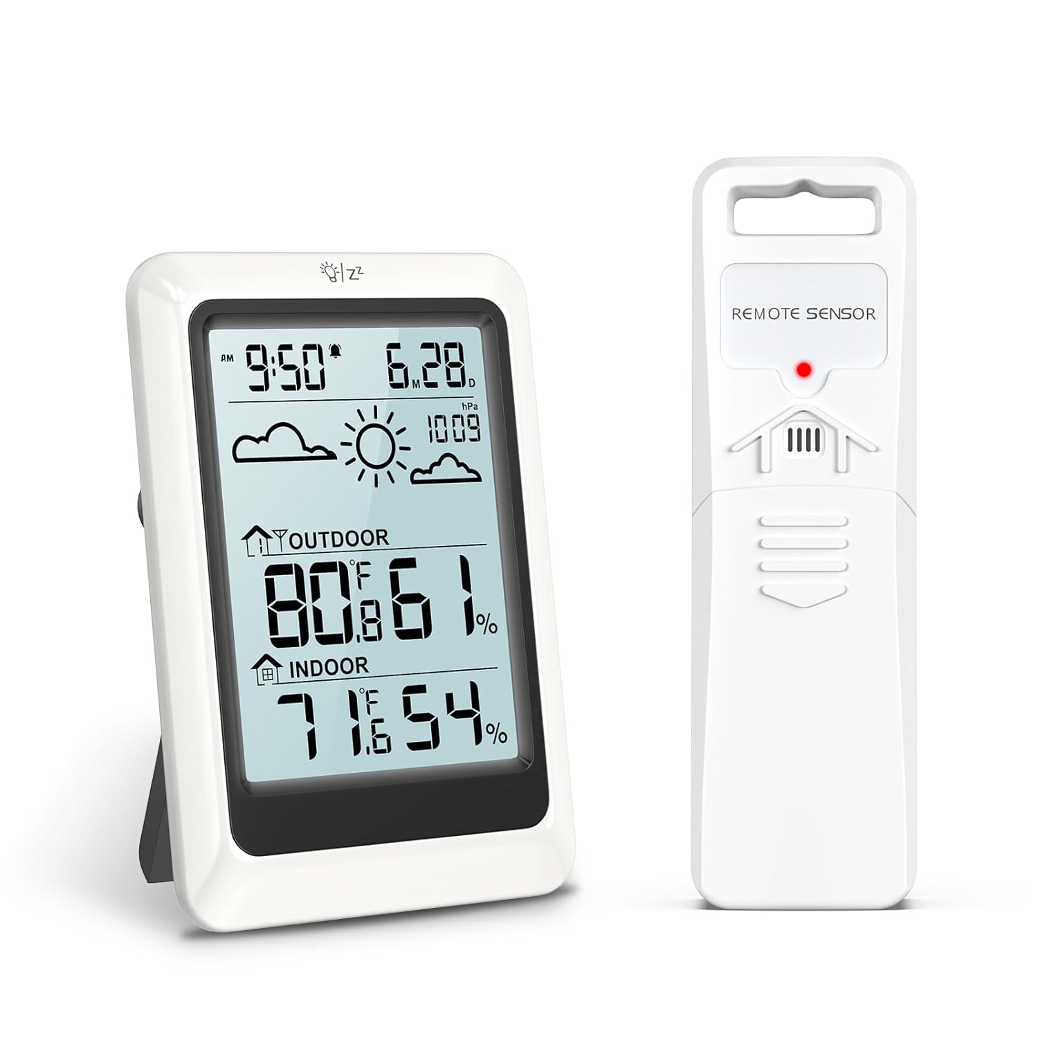 Indoor Outdoor Thermometer Hygrometer, Wireless Home Weather Station, 4. 4'' High Accuracy Temperature Humidity Monitor, with Weather Forecast, Calendar, Alarm Clock, Snooze