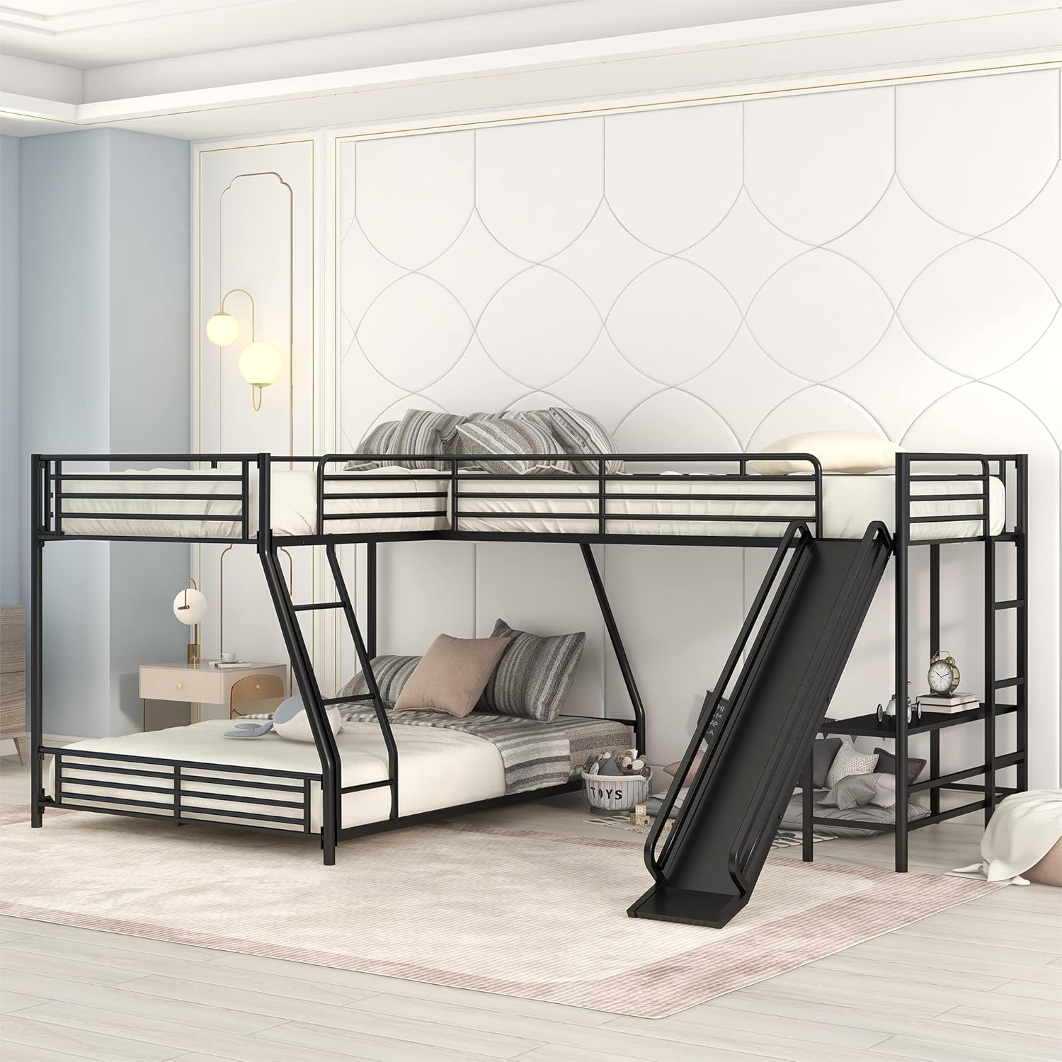 Merax Metal L-Shaped Twin Over Full Bunk Bed with Twin Size Loft Bed, Built-in Desk and Slide, Black