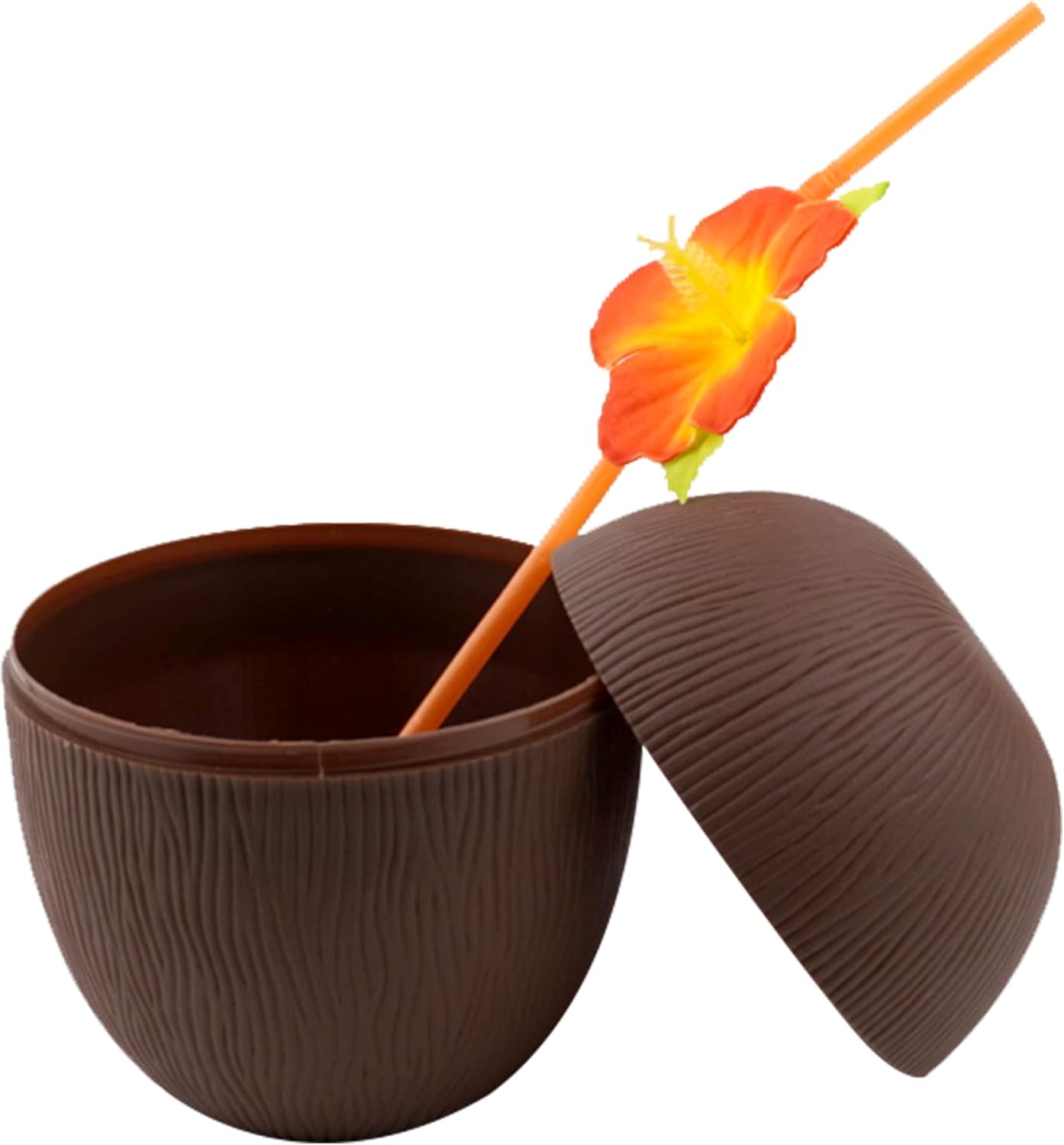 12-Pack Coconut Cups - Luao Hawaiian Themed Party Cups with Flower Straw and Twist Close Lid 16oz Moana Cups for Outdoor, Beach, Pool, Kids Birthday, Tropical Tiki, Party Decorations