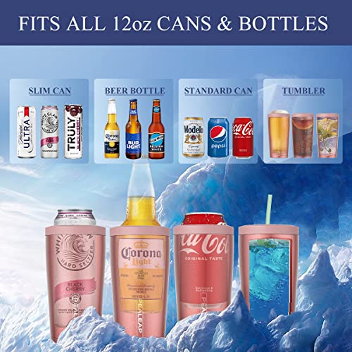 4 in 1 Insulated Slim Can Cooler for 12 OZ Cans and Beer Bottle - Keep 8 Hours Cold, Easy to Hold - Stainless Steel Can Holder, Double Walled Can Insulator for Hard Seltzer and More