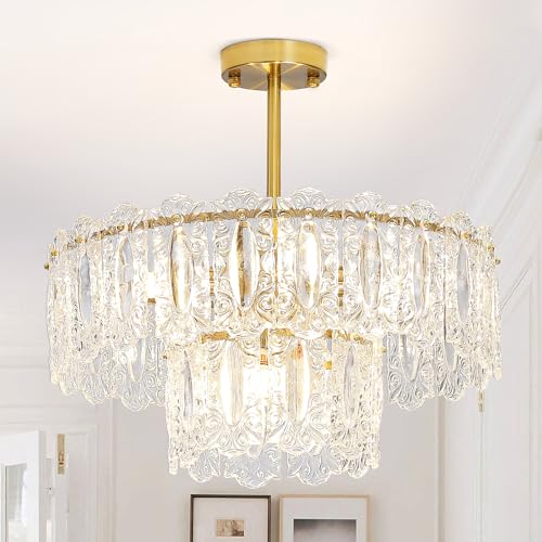 Depuley Small Gold Chandelier Light Fixtures, 3-Light Crystal Flush Mount Ceiling Lights, Modern Mini Chandeliers for Bedrooms, Hallway, Living Room, Bathroom, Kitchen, Foyer(G9 Bulbs Not Included)