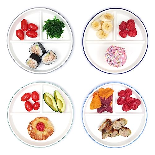 Elk and Friends Kids 6.7” Porcelain White Plates with Silicone Sleeves | Divided Plates | Suitable for Kids/Toddlers | Microwave & Dishwasher Safe | Non Slip | Snack Dishes…