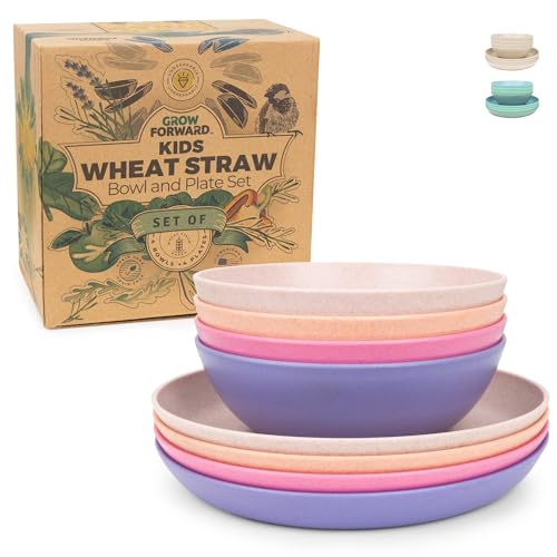 Grow Forward Wheat Straw Kids Plates and Bowls Sets - 8-Piece Unbreakable Dishwasher & Microwave Safe Plastic Dishes for Kids - Reusable Non Toxic BPA-Free Dinnerware for Children - Rainforest
