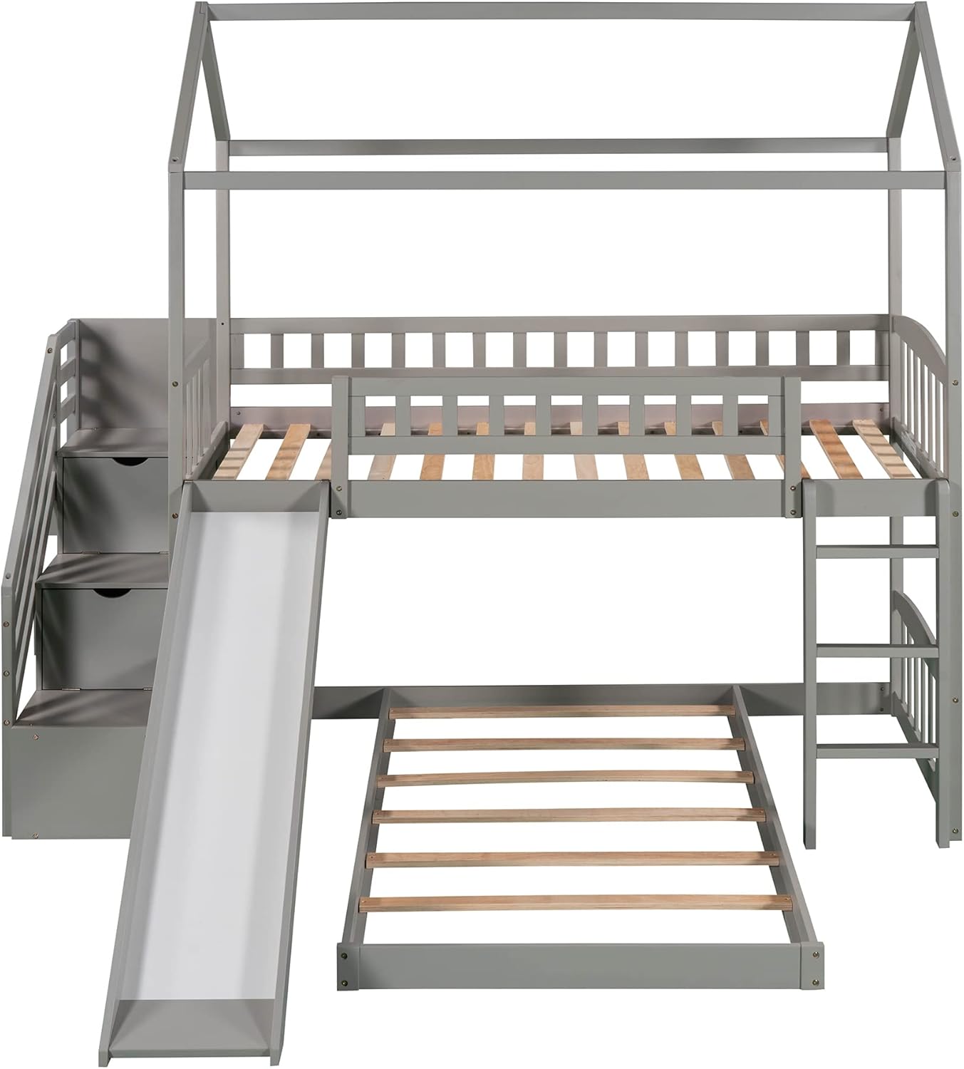 Loft Bed Twin with Two Drawers and Slide, House Bed with Slide, Twin Loft Bed Frame No Box Spring Needed，Gray