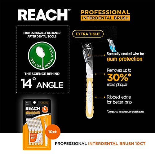 Reach Interdental Brush Cleaners, Extra Tight, 10 Count, Sensitive Gum Protection, Plaque Remover, Brushes Between Teeth & Braces, Dental Toothbrushes, Oral Care, for Adults & Kids