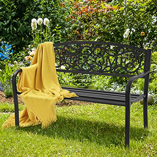 Tangkula Outdoor Steel Garden Bench Park Bench, 50 Inch Patio Welcome Bench with Slated Seat & Floral Design Backrest, Outdoor Bench with Iron Casted Pattern, Suitable for Patio Backyard Garden Park