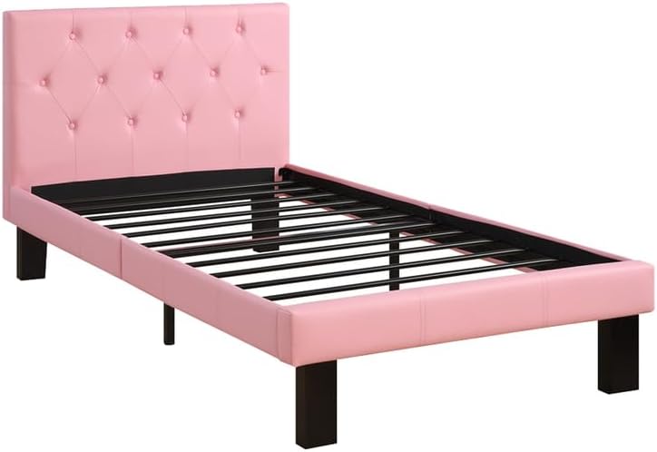 Vintage Vogue Faux Leather Upholstered Full size Platform Bed with Tall Frame tufted Headboard, Pink Bed Frame Beds, Pink, 56