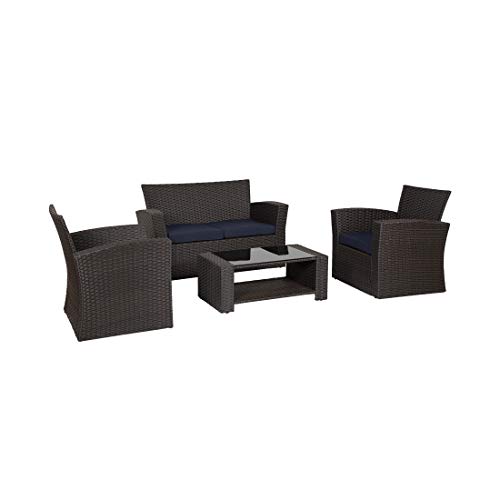 WO Home Furniture Patio Conversation Set of 4 PCS Black Rattan Wicker Sofa, Chairs & Table w/Pillow Cushions (Beige)