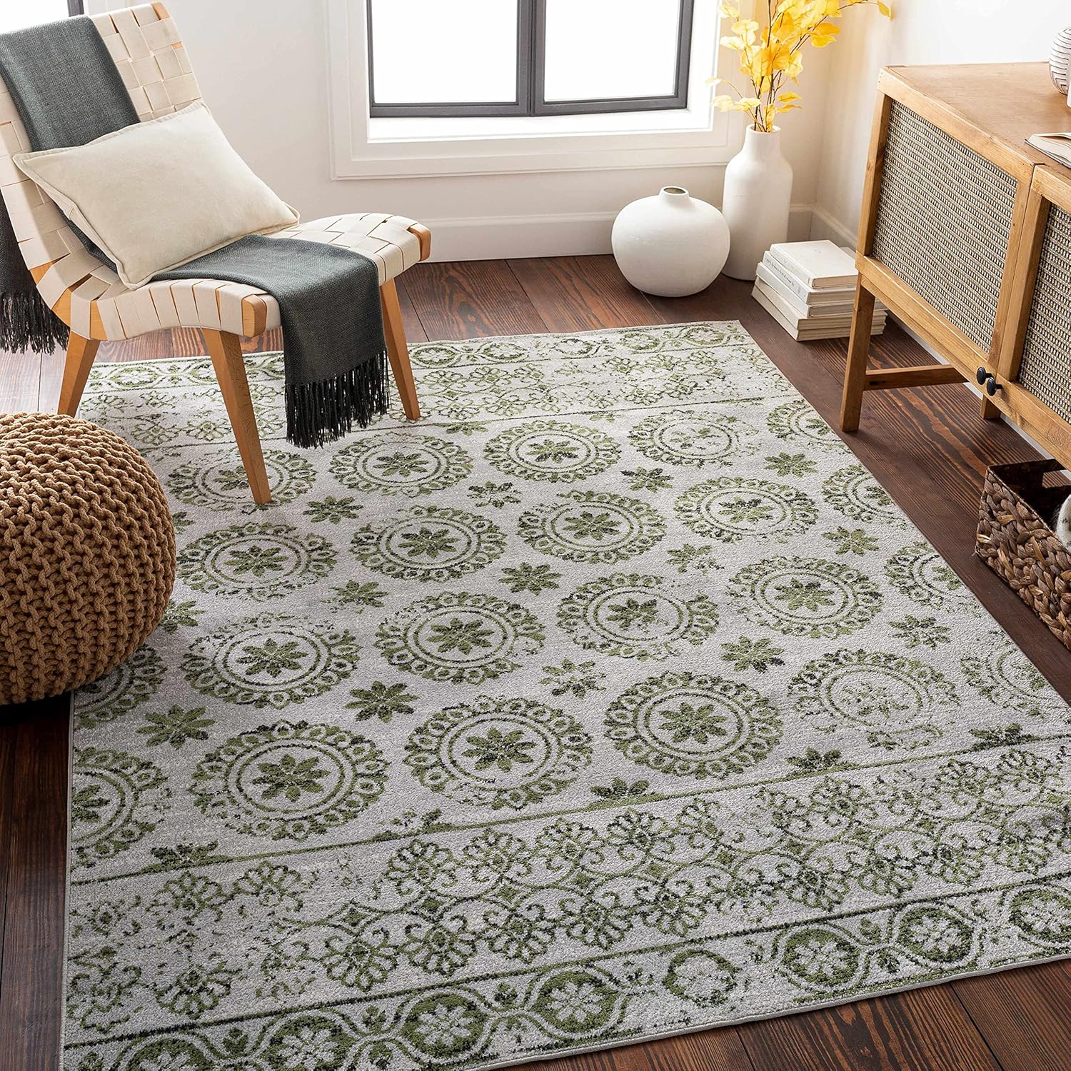 Hauteloom Sangat Modern Paisley Farmhouse Living Room Bedroom Dining Room Boho Area Rug - Machine Washable - Bohemian Vintage Carpet - Green, Grey, Beige, Cream - 5'3