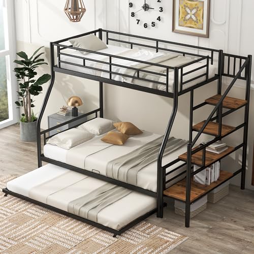 SOFTSEA Twin Over Twin Metal Bunk Bed with Drawers, Convertible Twin Bunk Beds, No Box Spring Needed(Black)