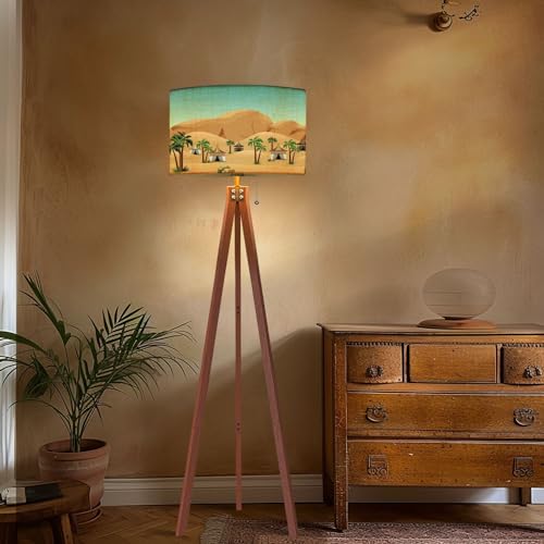 Floor Lamp geometric camouflage style fashionable seamless urban pattern New Standing Lamp Solid Wood Legs Modern Tall Lamp Tripod Floor Lamp with Flaxen Shade for Living Room, Bedroom, Office