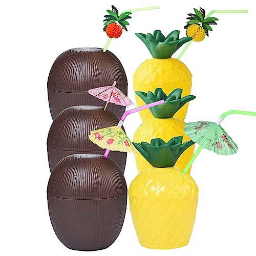 NINU 12 Pack Coconut Cups with 12 Flamingo Straws and 12 Cocktail Drinking Flamingo Picks,Tropical Hawaiian Luau Tiki and Beach Party Decorations for Kids and Adults