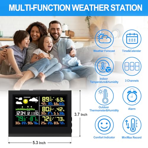 Urageuxy Indoor Outdoor Thermometer Wireless, Color Display Weather Stations with Multiple Sensors, Indoor Outdoor Thermometer Hygrometer for House with Min/Max Record, Weather Forecast, Alarm Clock