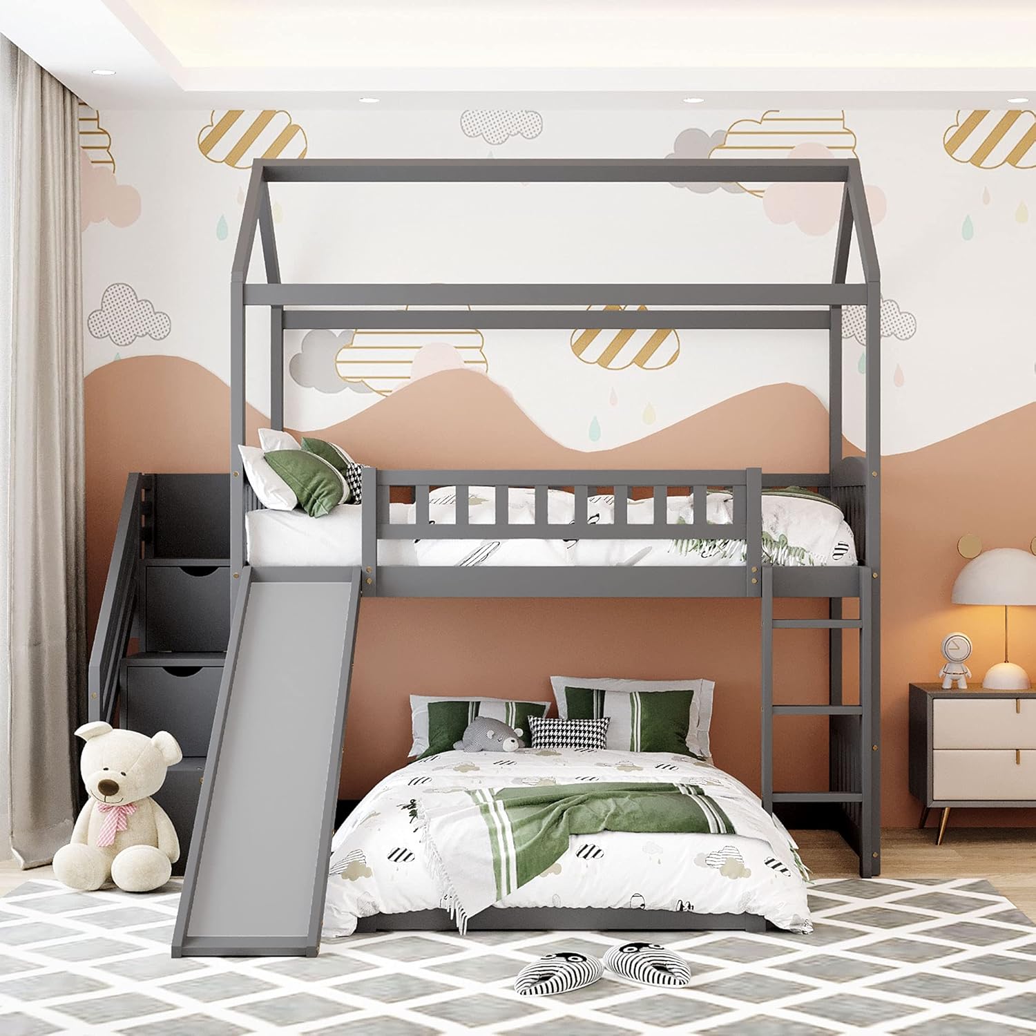 Loft Bed Twin with Two Drawers and Slide, House Bed with Slide, Twin Loft Bed Frame No Box Spring Needed，Gray