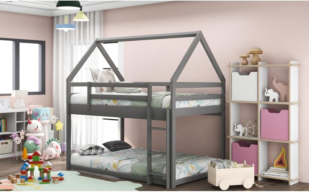Twin Over Twin Low Bunk Bed, House Bed with Ladder, Gray 1-Numbers of Package Pine Wood+MDF 14pcs 77.3