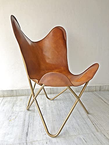 Leather Living Room Chairs-Butterfly Chair Brown Leather Butterfly Chair-Handmade with Powder Coated Folding Iron Frame (Cover with Folding Frame) (Golden Frame)